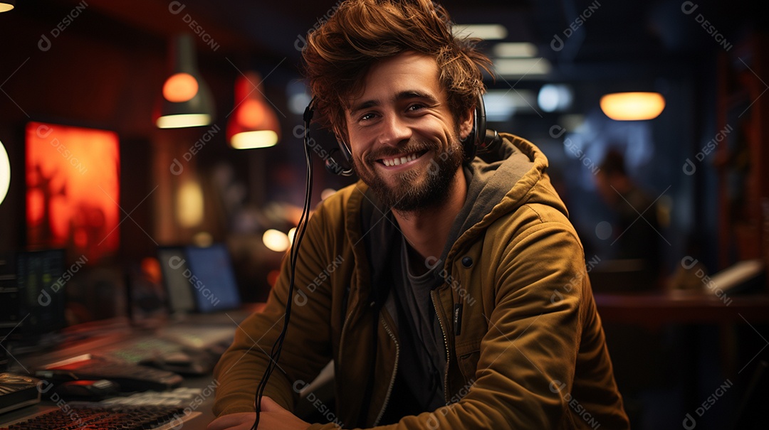 Homem radialista sentado na estação de rádio cinematográfica