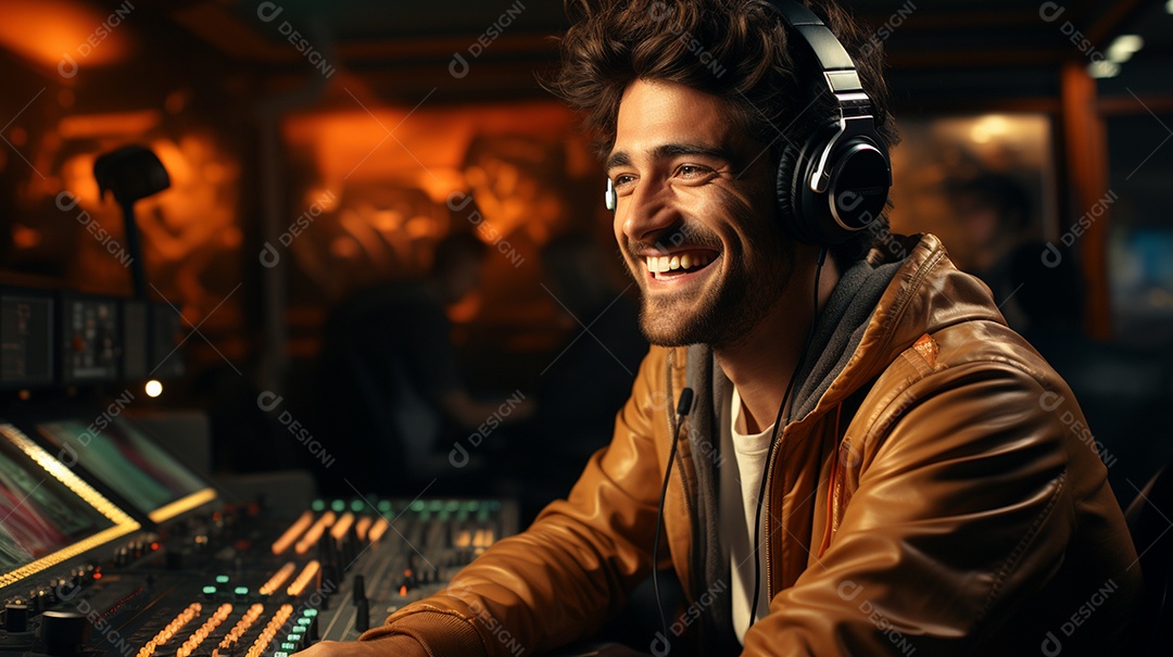 Homem radialista sentado na estação de rádio cinematográfica