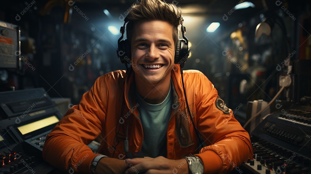 Homem radialista sentado na estação de rádio cinematográfica