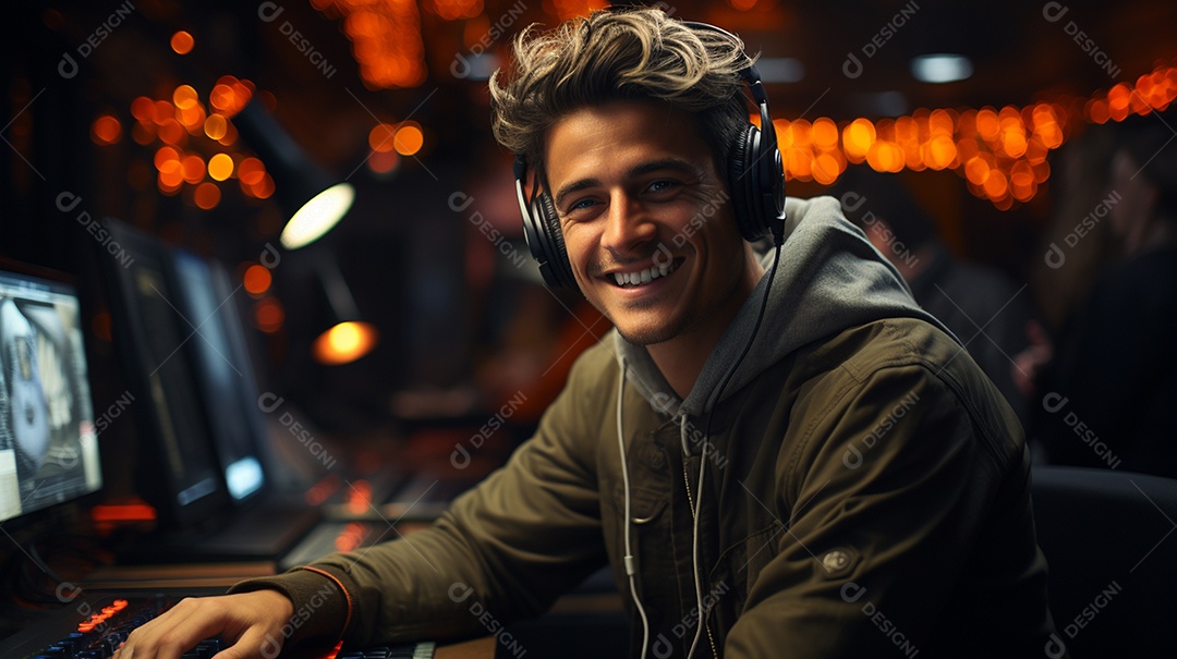 Homem radialista sentado na estação de rádio cinematográfica