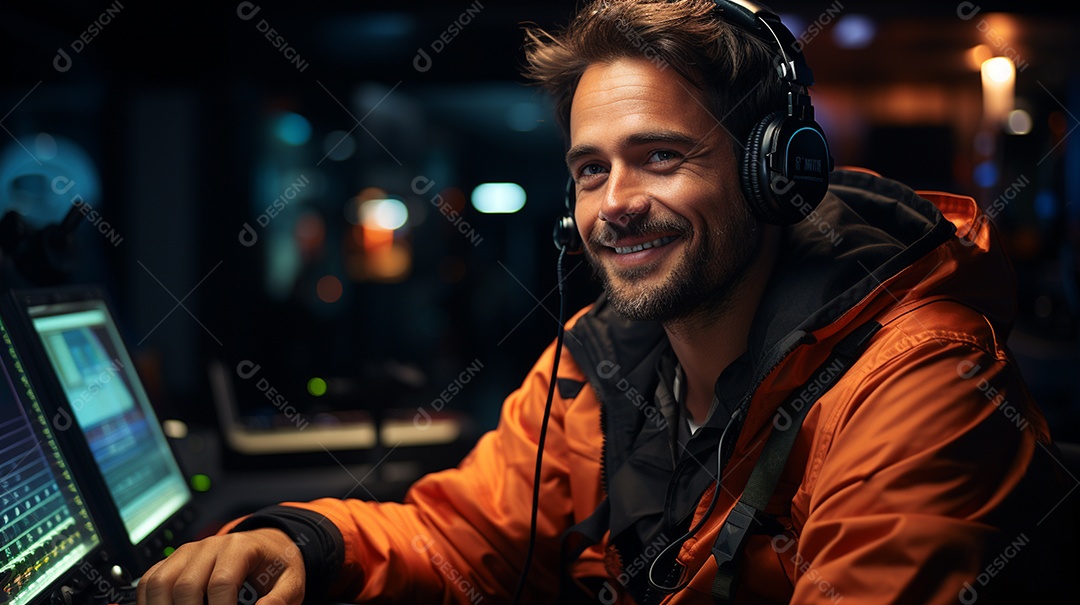 Homem radialista sentado na estação de rádio cinematográfica