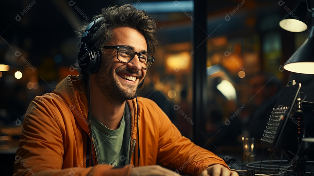 Homem radialista sentado na estação de rádio cinematográfica