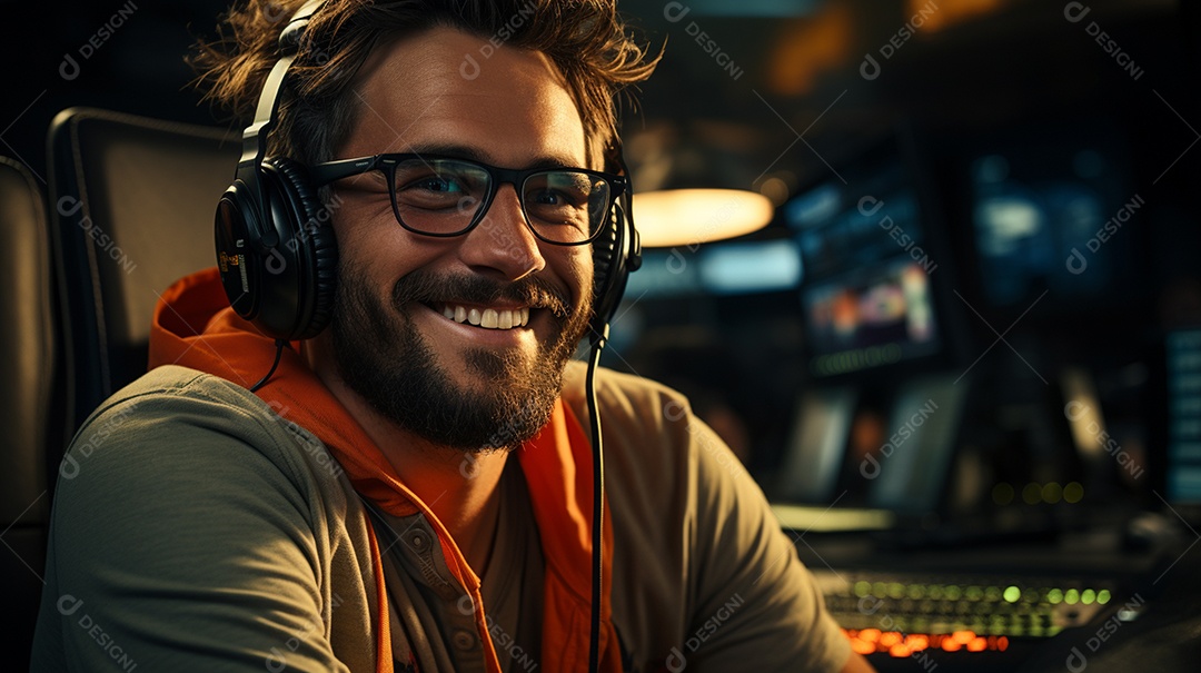 Homem radialista sentado na estação de rádio cinematográfica