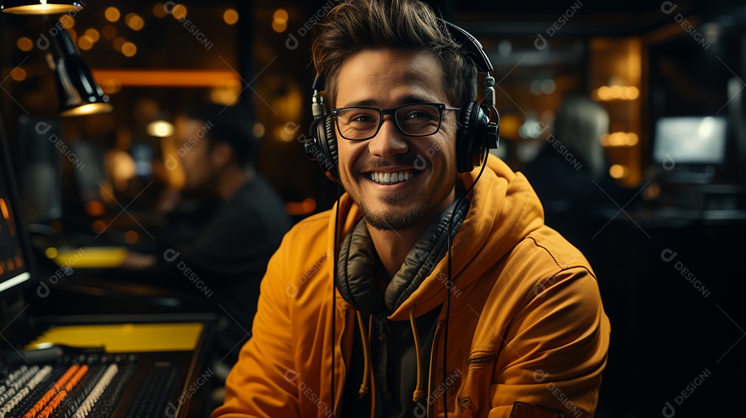 Homem radialista sentado na estação de rádio cinematográfica