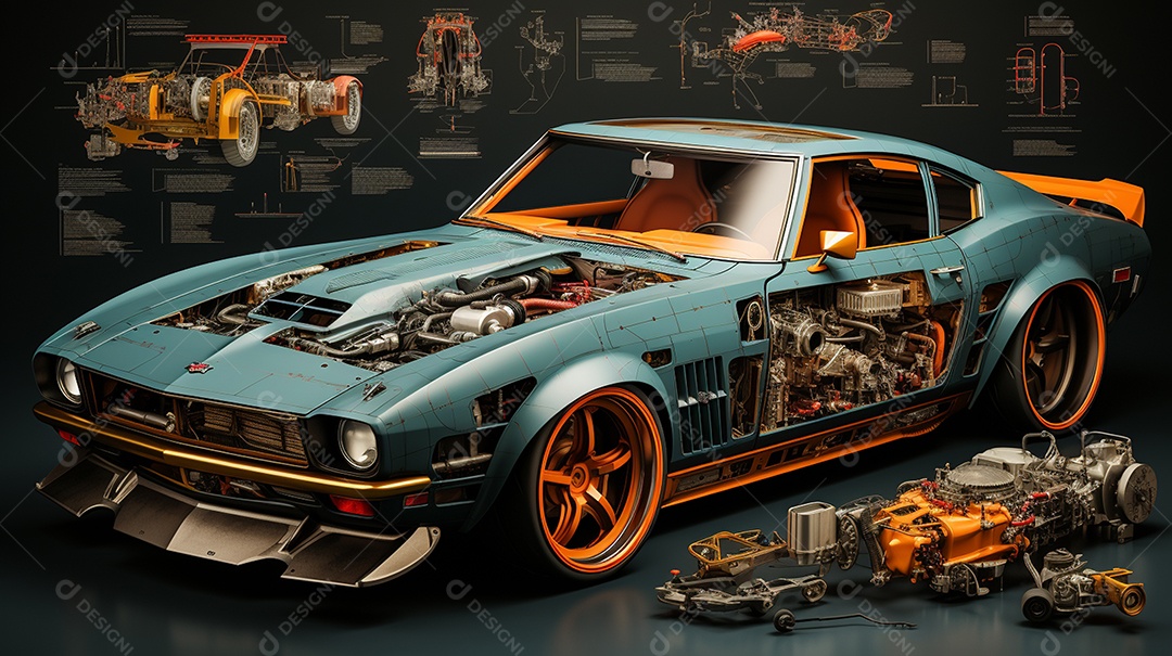 Diagrama de visão explodida de um carro ultra HD