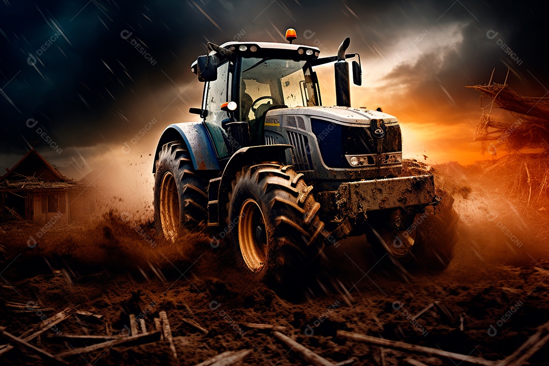 Fotografia agrícola com trator no campo