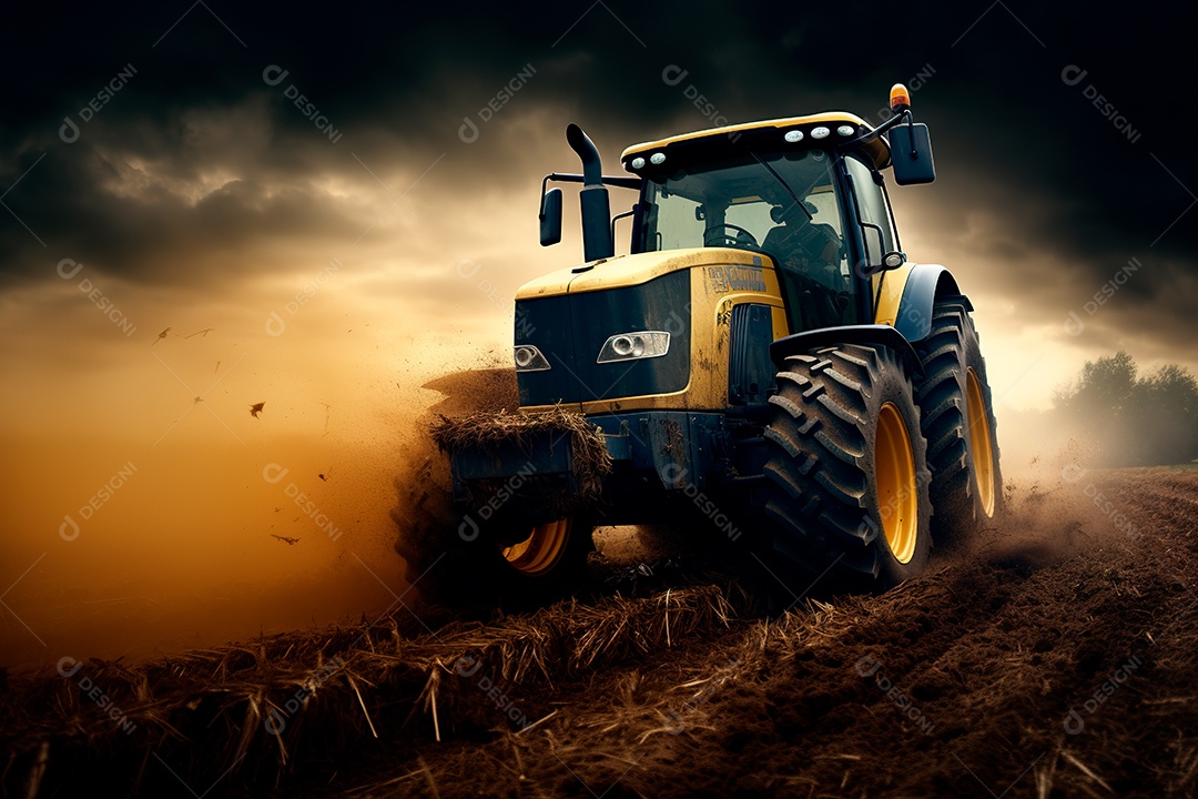 Fotografia agrícola com trator no campo