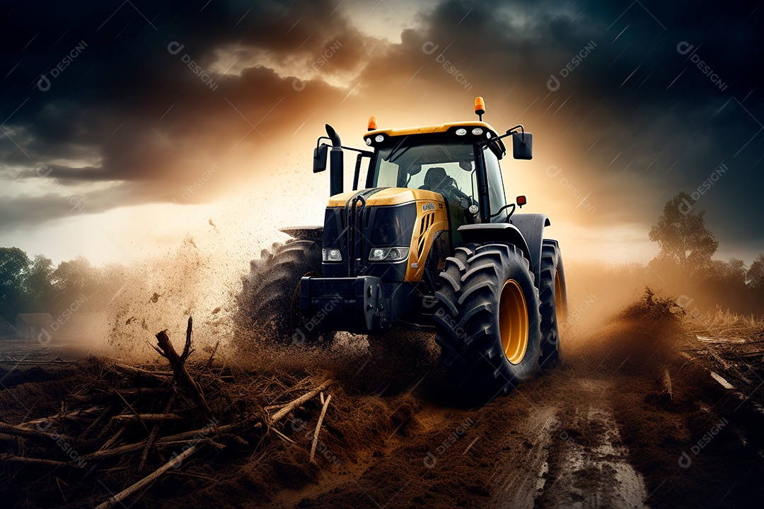 Fotografia agrícola com trator no campo