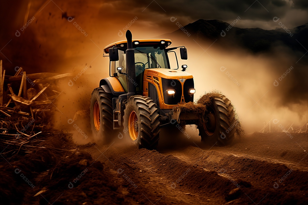 Fotografia agrícola com trator no campo