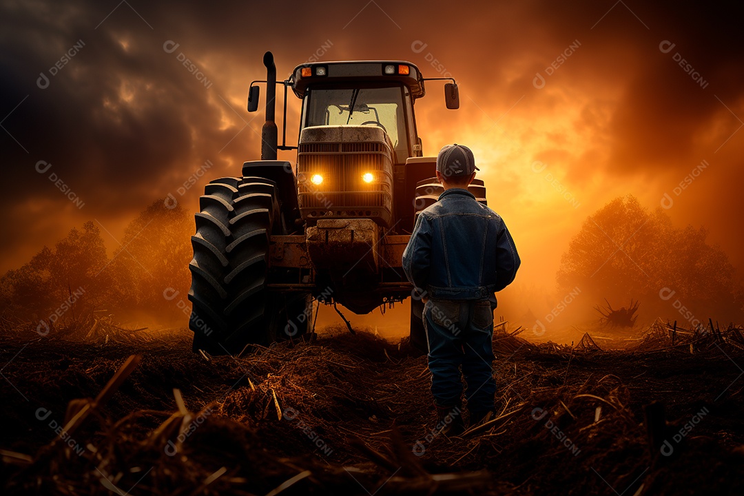 Fotografia agrícola com trator no campo