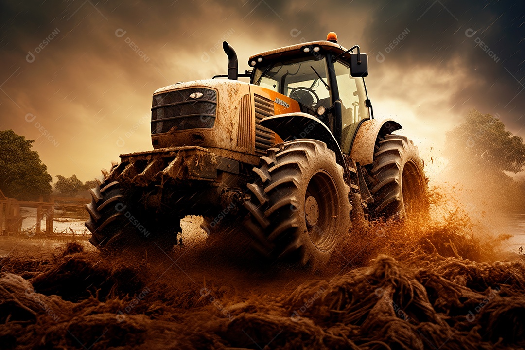 Fotografia agrícola com trator no campo