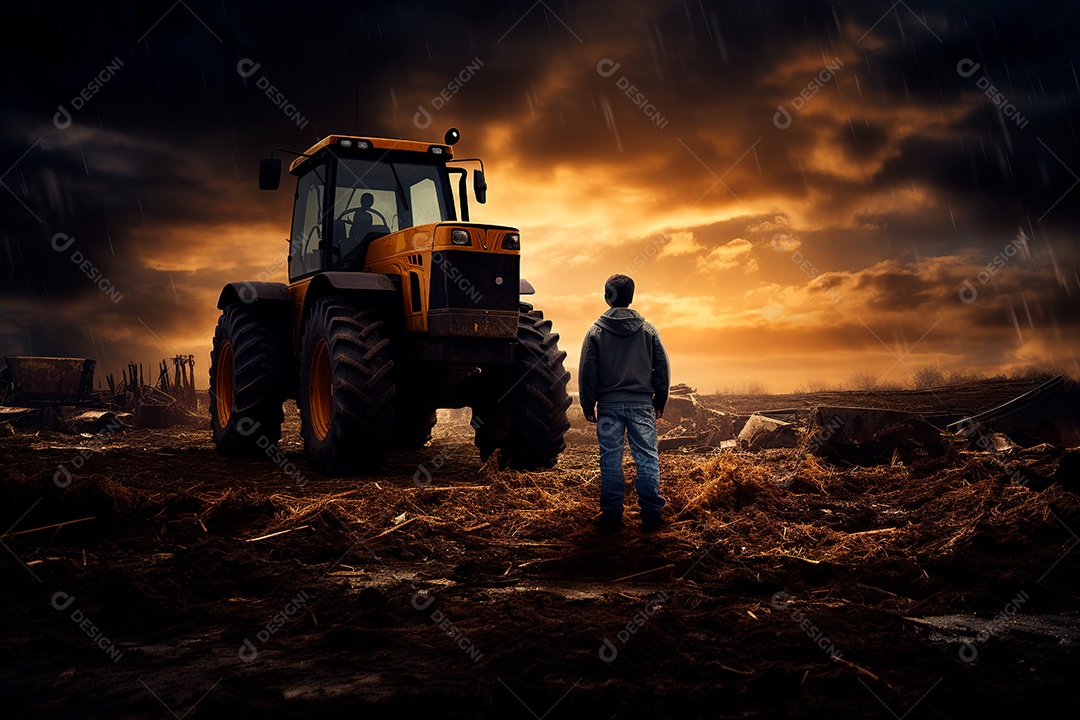 Fotografia agrícola com trator no campo