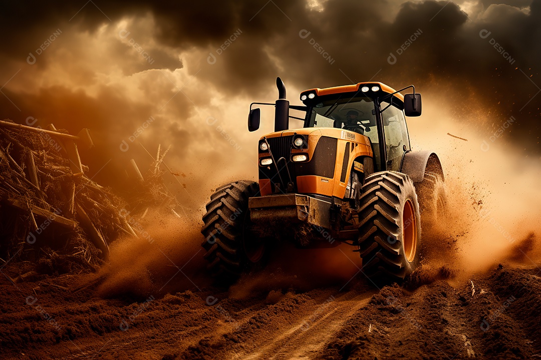 Fotografia agrícola com trator no campo