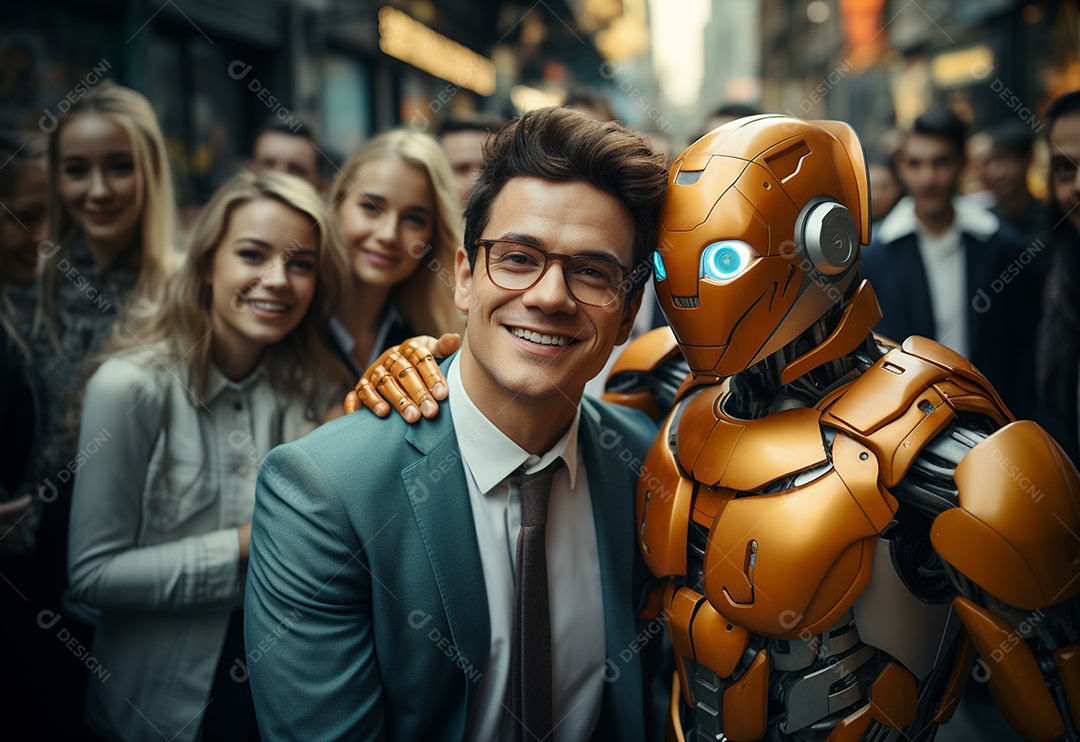 Jovens empresários posando para foto com robô