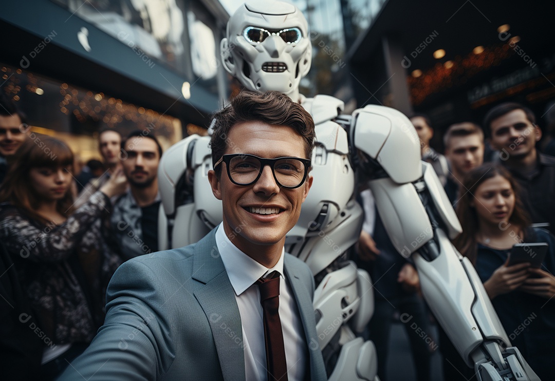 Jovens empresários posando para foto com robô