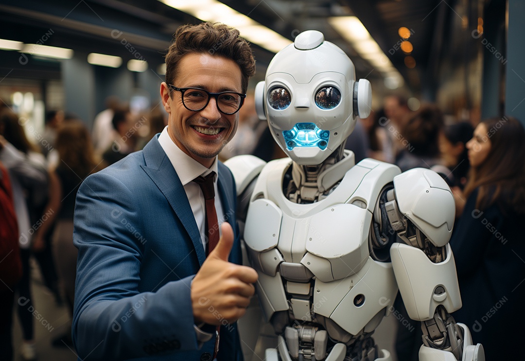 Jovens empresários posando para foto com robô