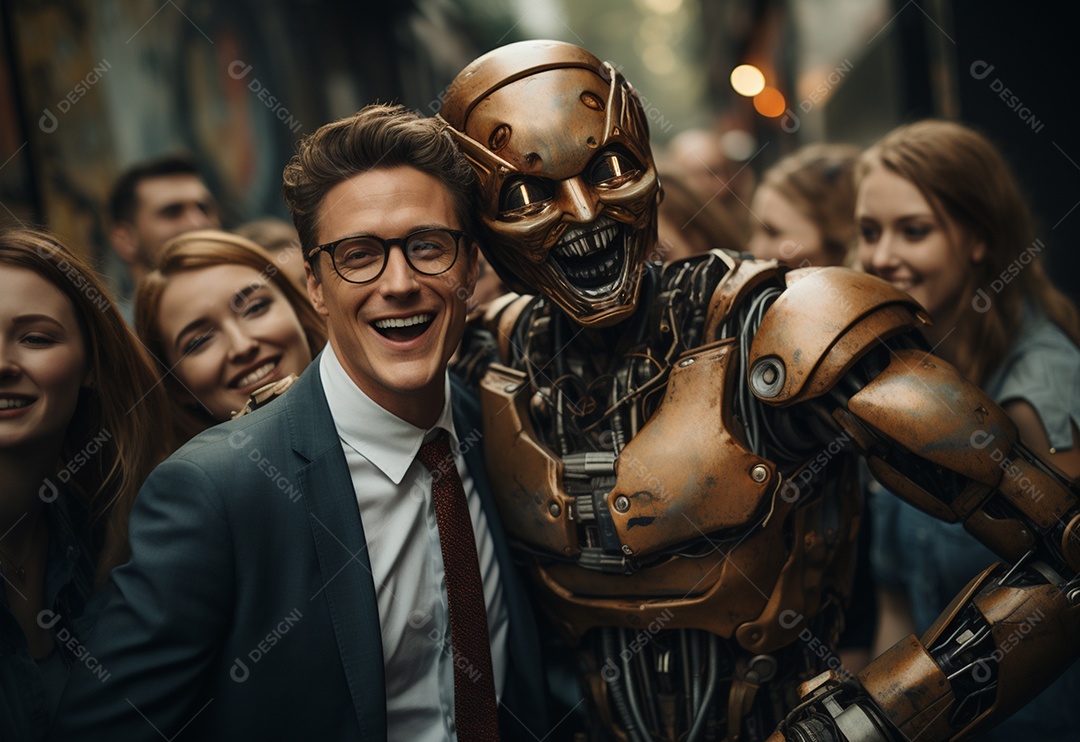 Pessoas jovens tirando fotografia ao lado de robô