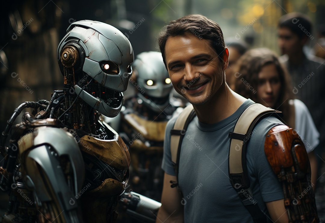 Pessoas jovens tirando fotografia ao lado de robô