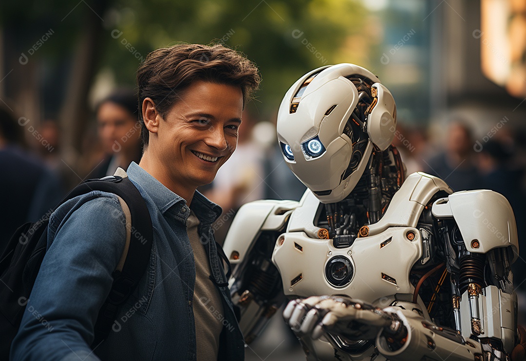 Pessoas jovens tirando fotografia ao lado de robô