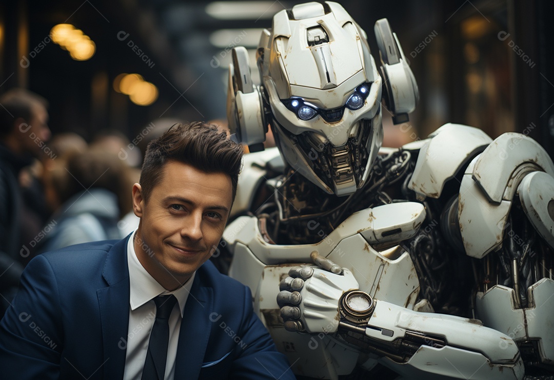 Pessoas jovens tirando fotografia ao lado de robô