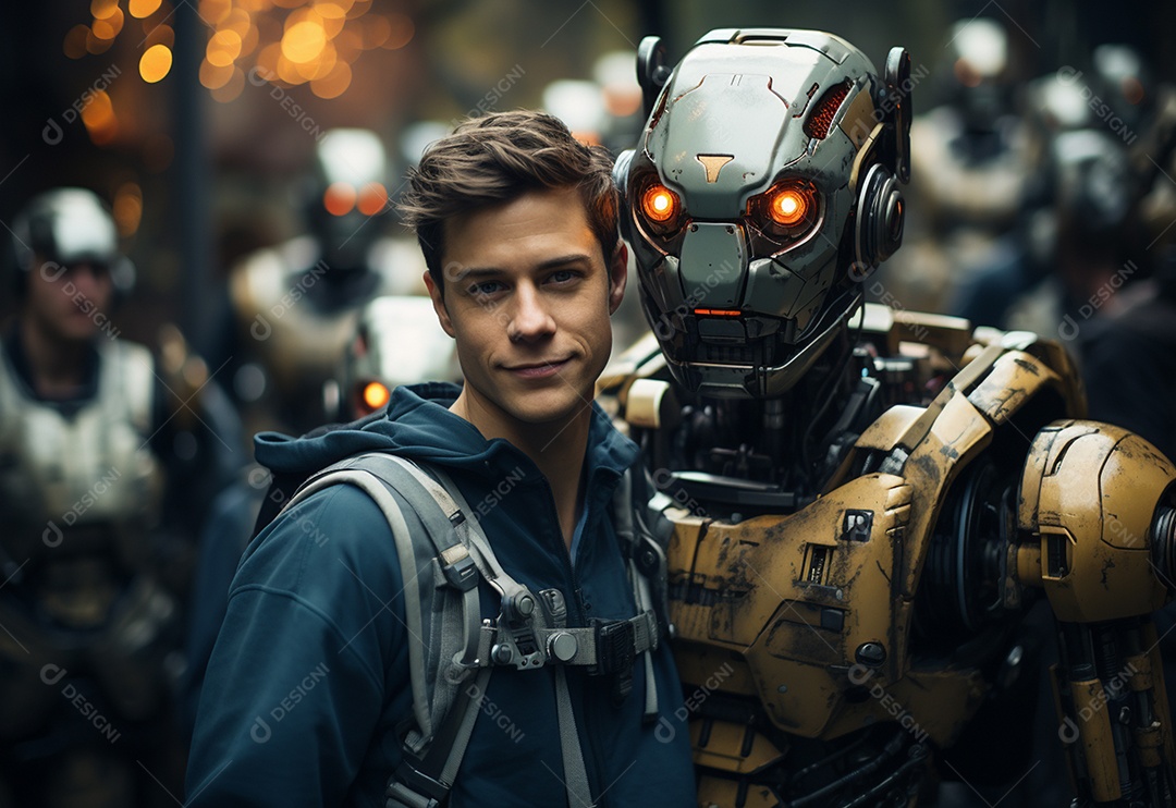 Pessoas jovens tirando fotografia ao lado de robô