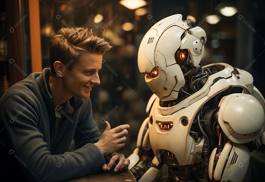 Pessoas jovens tirando fotografia ao lado de robô