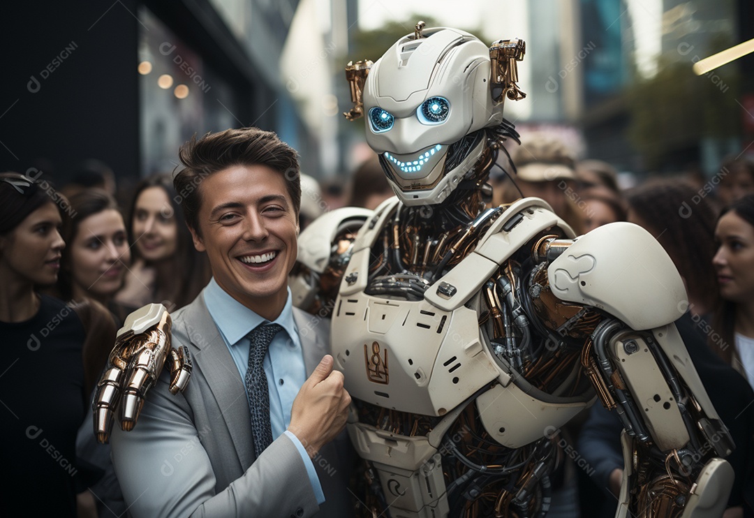 Pessoas jovens tirando fotografia ao lado de robô