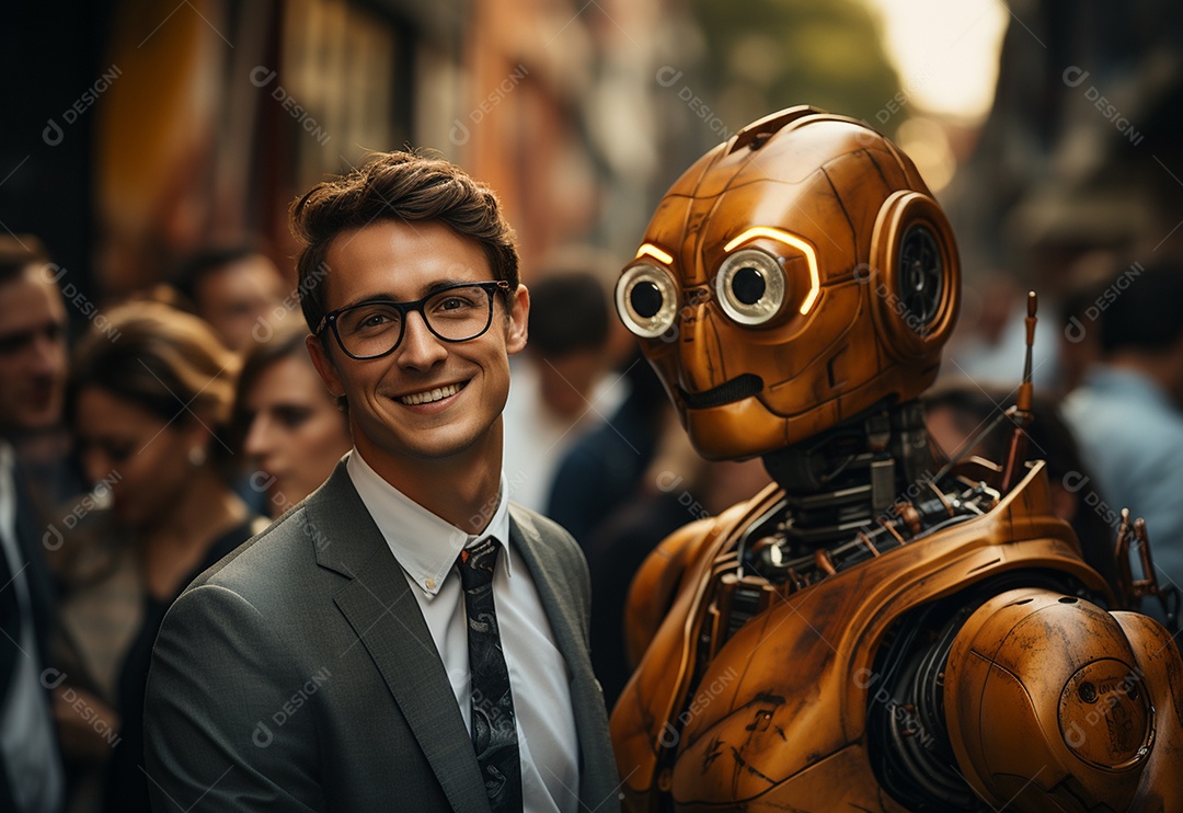 Pessoas jovens tirando fotografia ao lado de robô