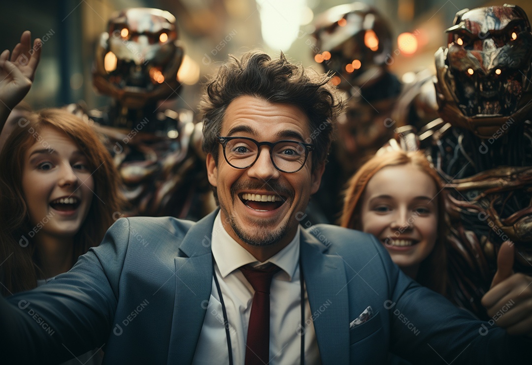 Pessoas jovens tirando fotografia ao lado de robô