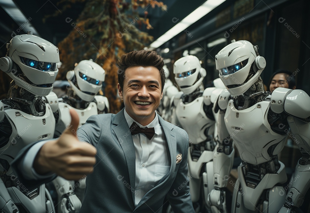 Pessoas jovens tirando fotografia ao lado de robô