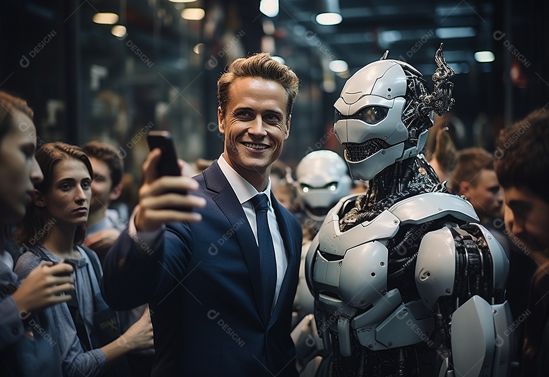 Pessoas jovens tirando fotografia ao lado de robô