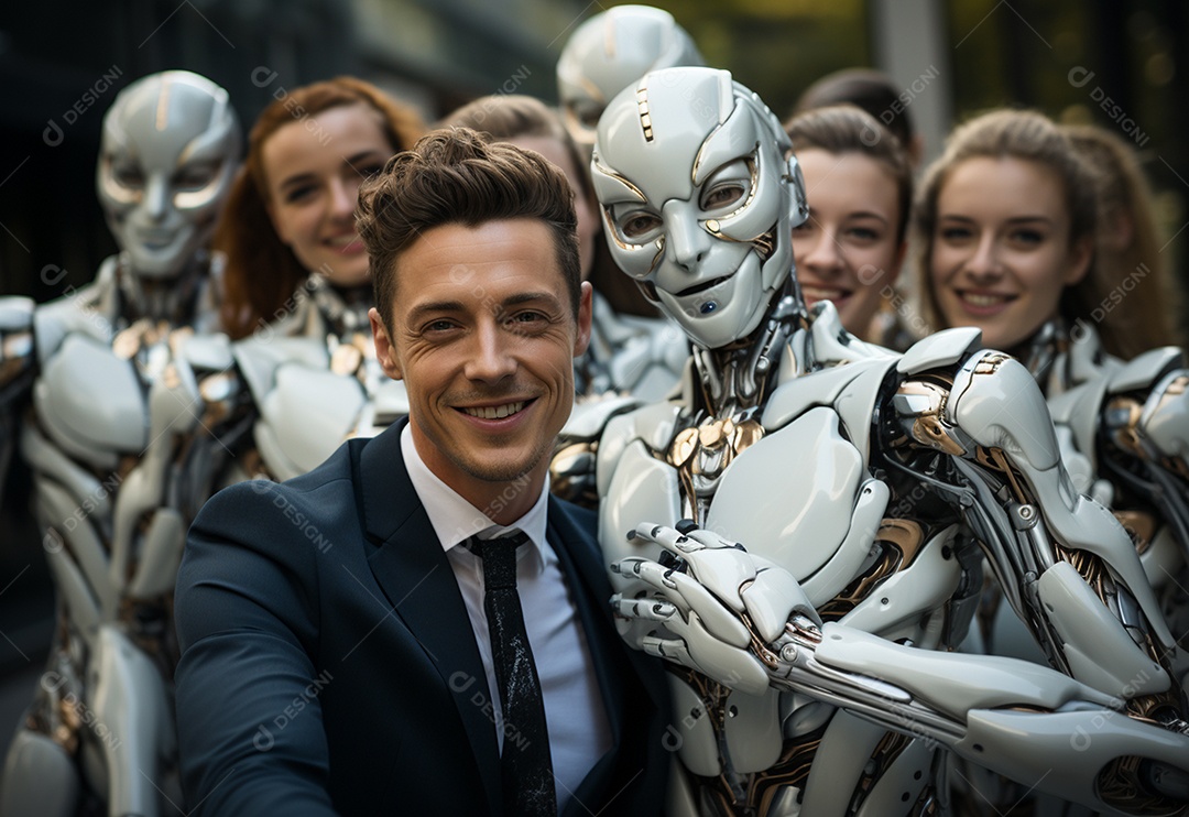 Pessoas jovens tirando fotografia ao lado de robô