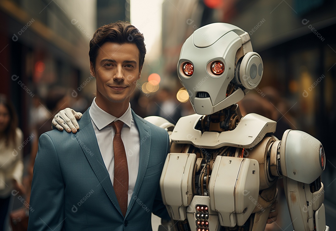 Pessoas jovens tirando fotografia ao lado de robô