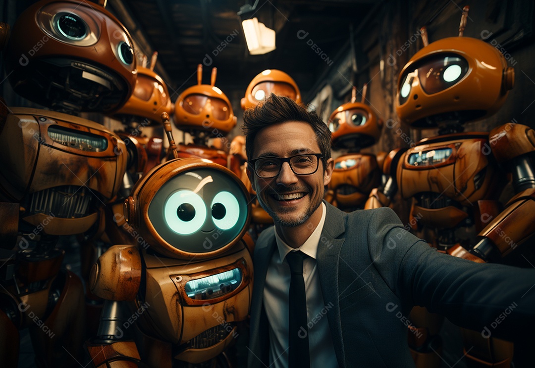 Pessoas jovens tirando fotografia ao lado de robô