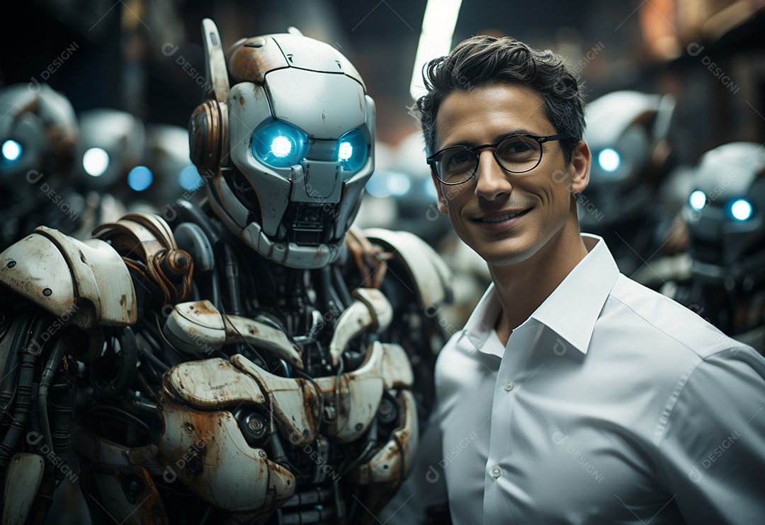 Pessoas jovens tirando fotografia ao lado de robô