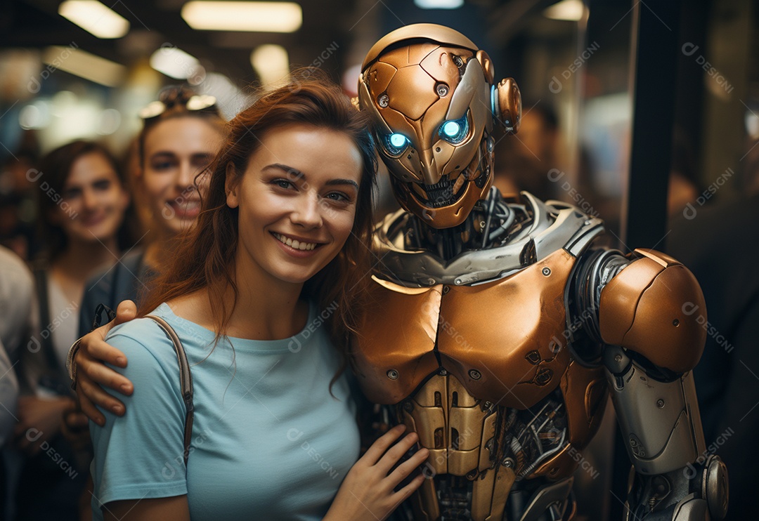 Pessoas jovens tirando fotografia ao lado de robô