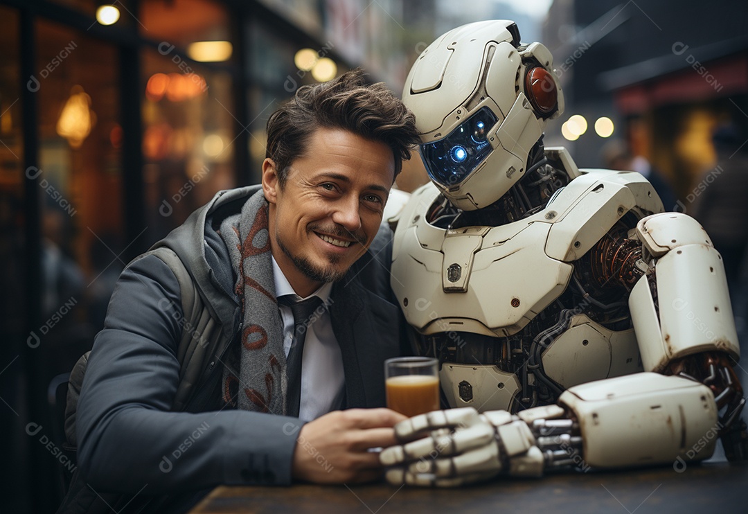 Pessoas jovens tirando fotografia ao lado de robô