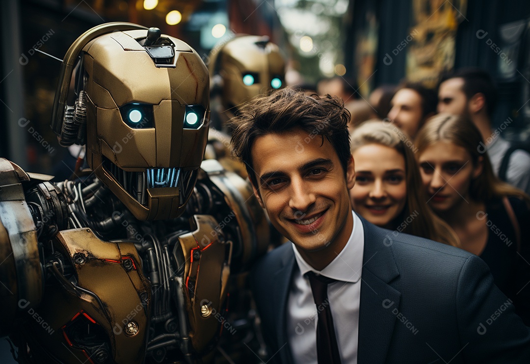 Pessoas jovens tirando fotografia ao lado de robô