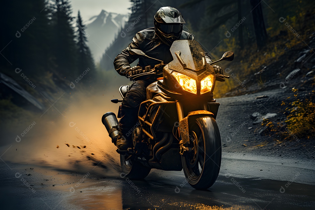 Homem andando com moto esportiva na estrada