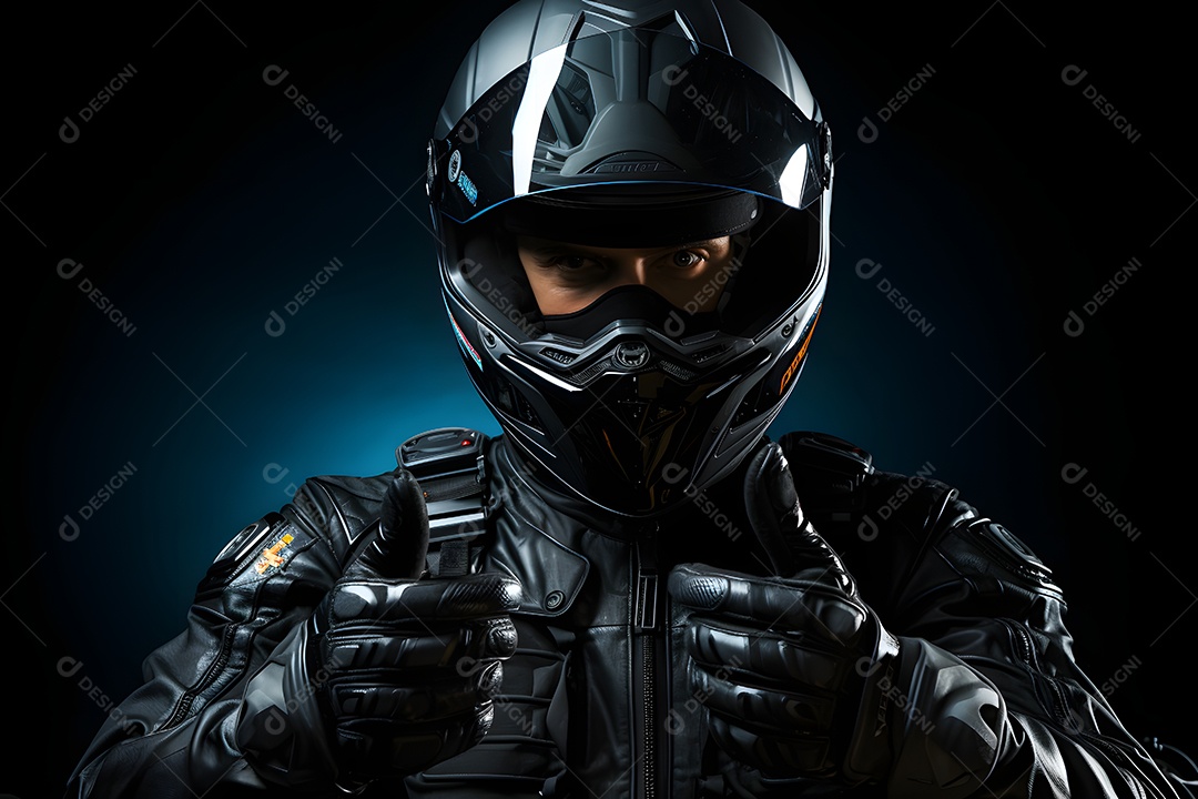 Vista de um motoqueiro com capacete de segurança em fundo escuro