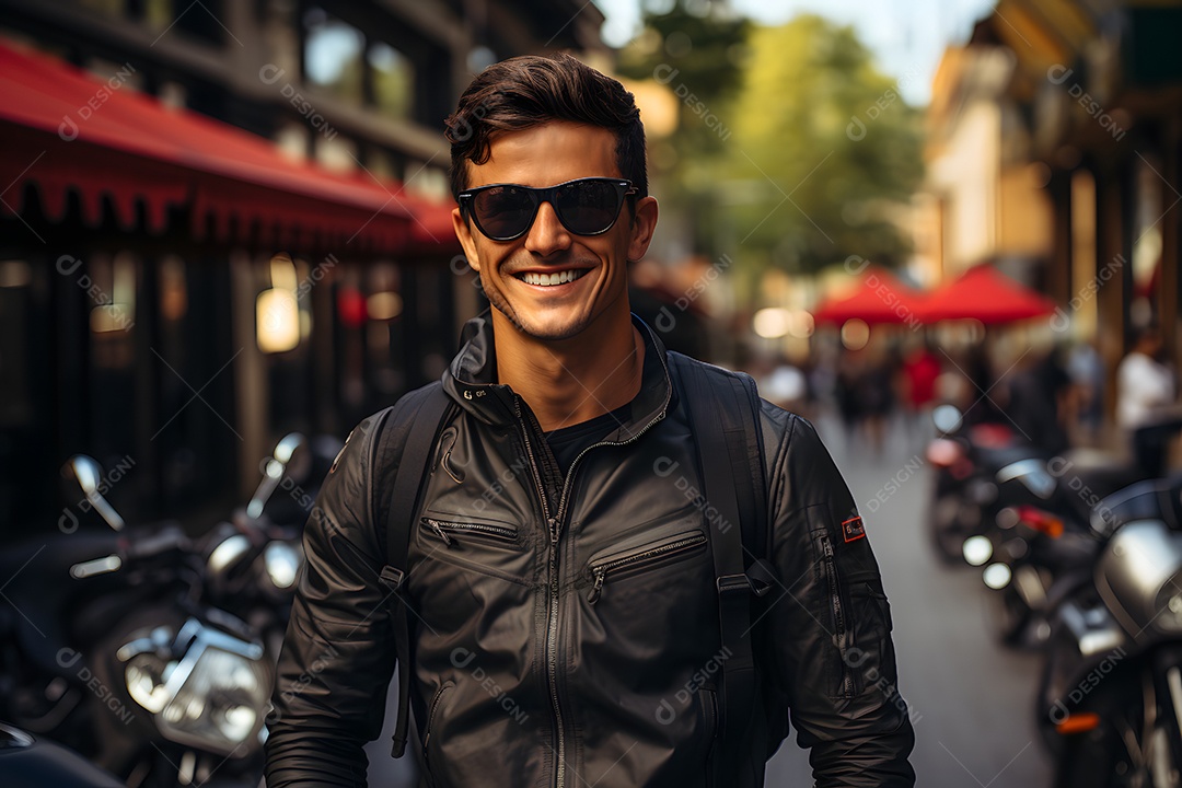 Homem motoqueiro sorridente