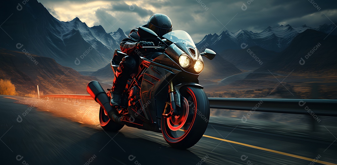 Homem andando com moto esportiva na estrada