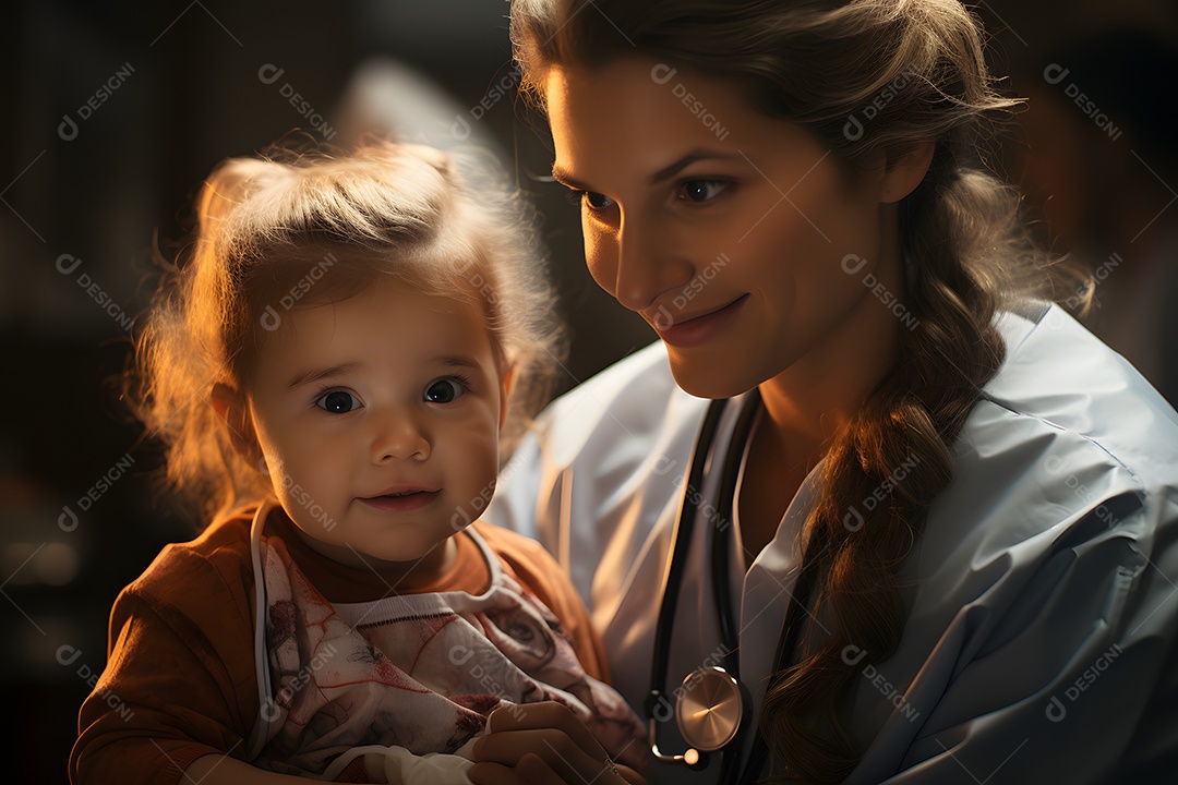 Mulher pediatra segurando bebê