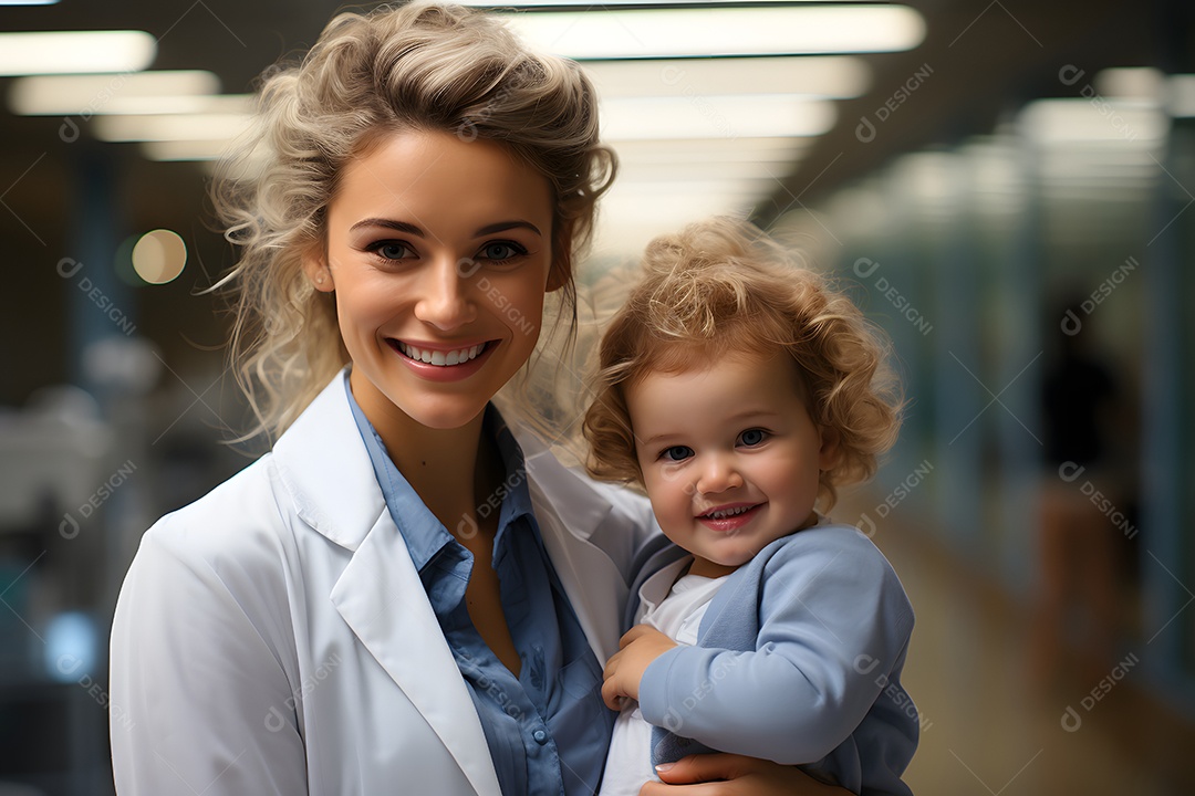 Mulher pediatra segurando bebê