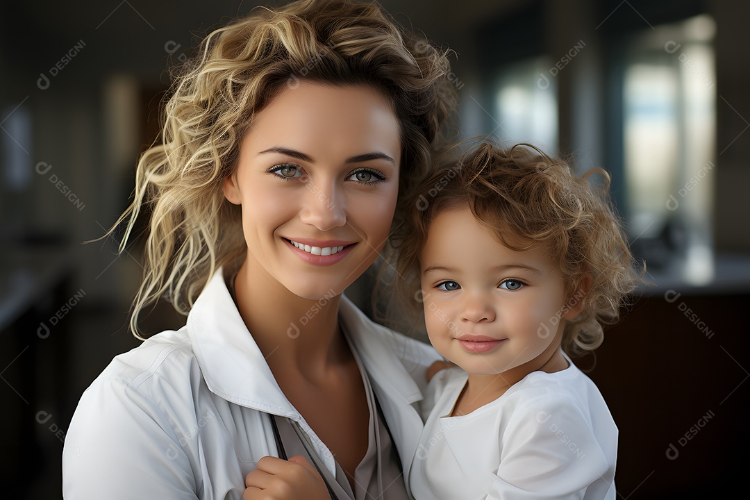 Mulher pediatra segurando bebê