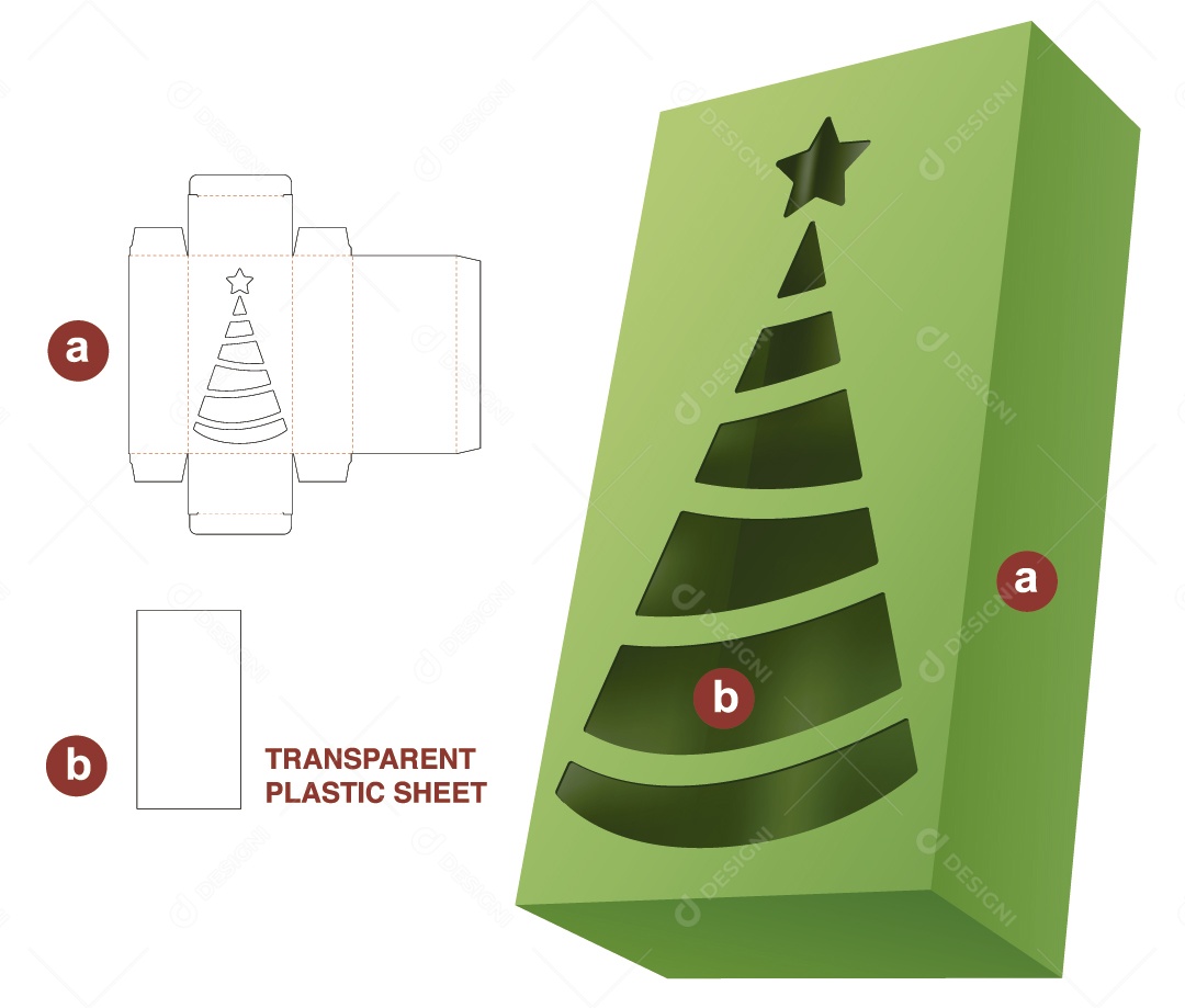 Caixa com Decoração Natalina Embalagem para Presentes de Natal Maquete 3D Verde Vetor EPS