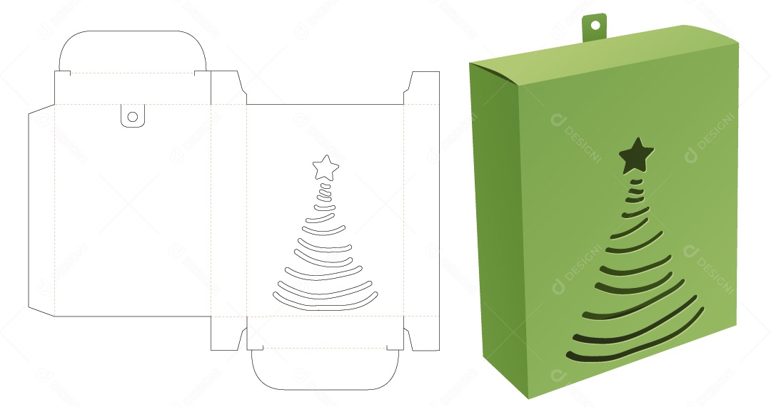 Caixa com Decoração Natalina Embalagem para Presentes de Natal Maquete 3D Verde Vetor EPS