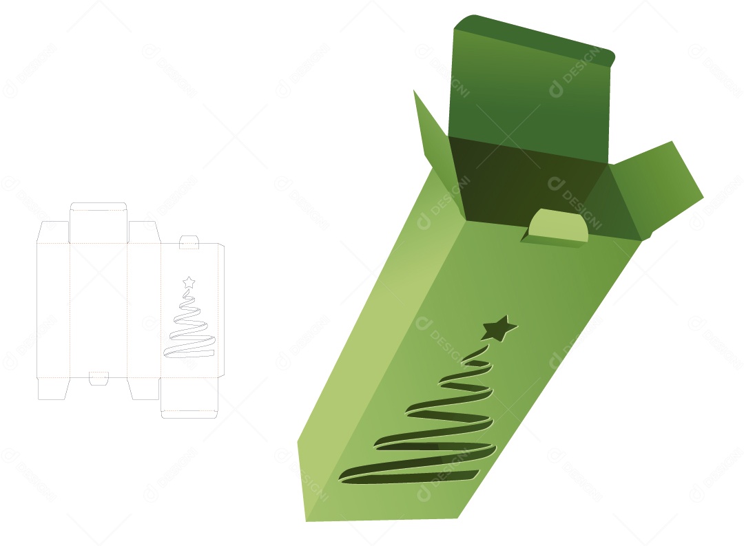 Caixa com Decoração Natalina Embalagem para Presentes de Natal Maquete 3D Verde Vetor EPS