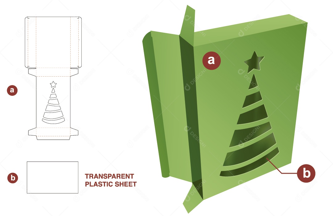 Caixa com Decoração Natalina Embalagem para Presentes de Natal Maquete 3D Verde Vetor EPS