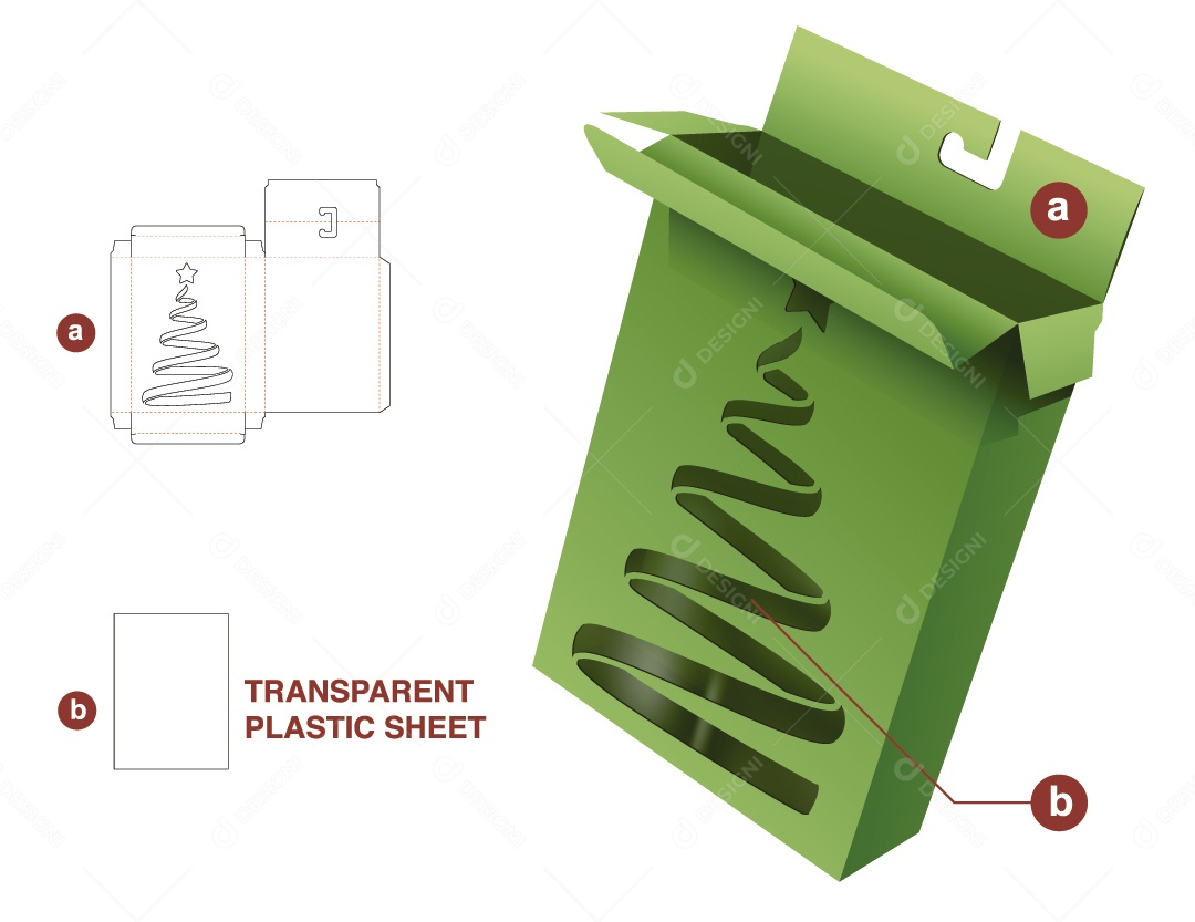 Caixa com Decoração Natalina Embalagem para Presentes de Natal Maquete 3D Verde Vetor EPS